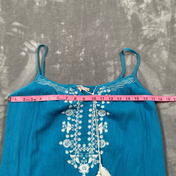 Pink Chicken Dress Womens Medium Blue Boho Hippie Gauzy Embroidered Flowy Tassel - Picture 11 of 13